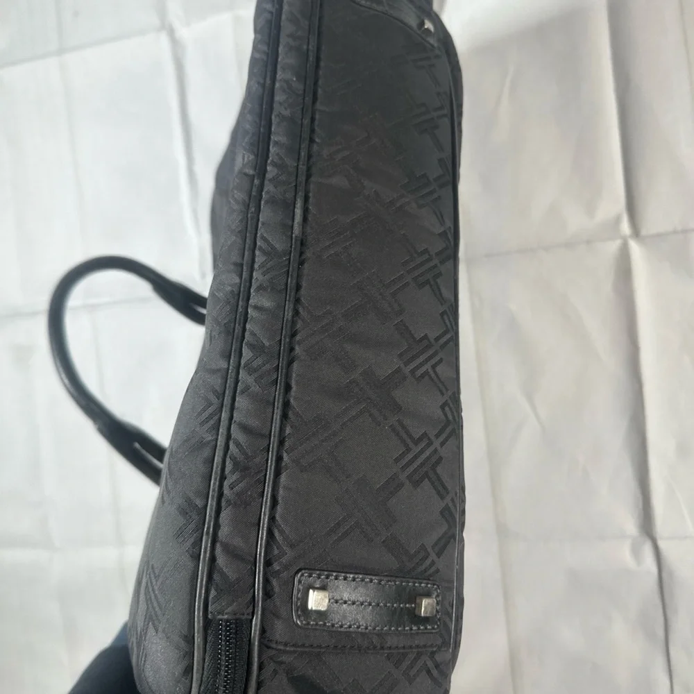 Tumi Black Monogram Laptop Briefcase With Leather Handles And Strap